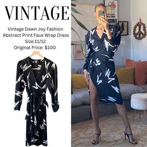 Vintage Dawn Joy Fashion Abstract Print Faux Wrap Dress